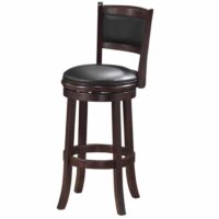 The R.A.M. 30 Backed Stool - Cappuccino features a dark wood frame, a round cushioned black seat, a matching cushioned backrest, and curved legs joined by circular footrests.