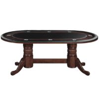 The R.A.M. 84 Holdem Game Table - Cappuccino features a dark wood oval design, black padded playing surface, cup holders along the edge, and two pedestal-style legs.