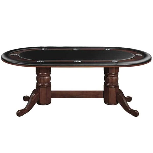 The R.A.M. 84 Holdem Game Table - Cappuccino features a dark wood oval design, black padded playing surface, cup holders along the edge, and two pedestal-style legs.