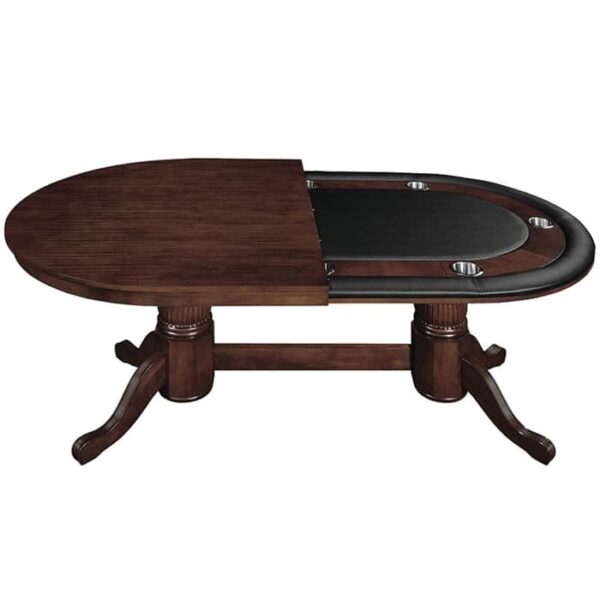 The R.A.M. 84 Holdem Game Table in Cappuccino features a dark oval wood design with a sliding top, revealing a black padded poker surface and cup holders. It stands on two pedestals with carved detailing.