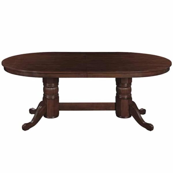 The R.A.M. 84 Holdem Game Table in Cappuccino features a dark wood oval design with a smooth surface, two pedestal bases with carved detailing, and four curved legs on each pedestal.