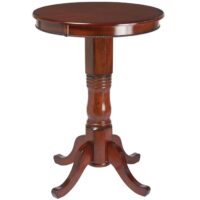 The RAM Round Pub Table Chestnut features a polished dark brown finish, a single carved central support, and four curved legs for stability.