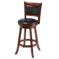 The RAM 30IN Backed Stool Chestnut is a wooden bar stool with a curved backrest, four legs, padded black leather seat and backrest panel, circular footrest, and swivel seat.