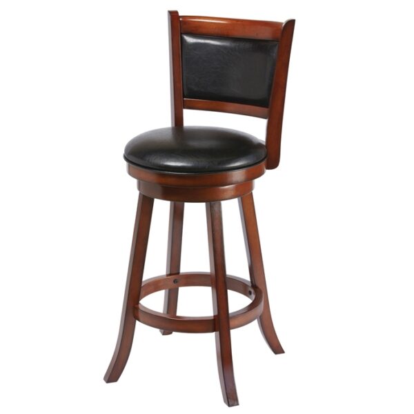 The RAM 30IN Backed Stool Chestnut is a wooden bar stool with a curved backrest, four legs, padded black leather seat and backrest panel, circular footrest, and swivel seat.