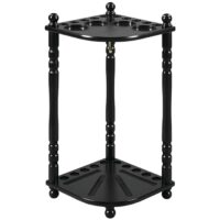 The RAM Corner Cue Rack BLK is a black wooden corner stand with three turned legs, two triangular shelves, and round openings to neatly hold and organize billiard cues.