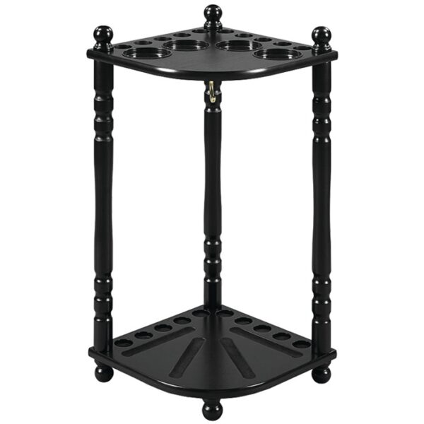 The RAM Corner Cue Rack BLK is a black wooden corner stand with three turned legs, two triangular shelves, and round openings to neatly hold and organize billiard cues.