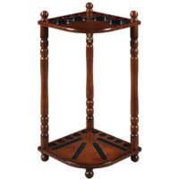 The R.A.M. Corner Cue Rack - Chestnut is a wooden, triangular stand with decorative legs and circular slots on top and bottom shelves, designed to hold multiple cue sticks neatly in the corner.