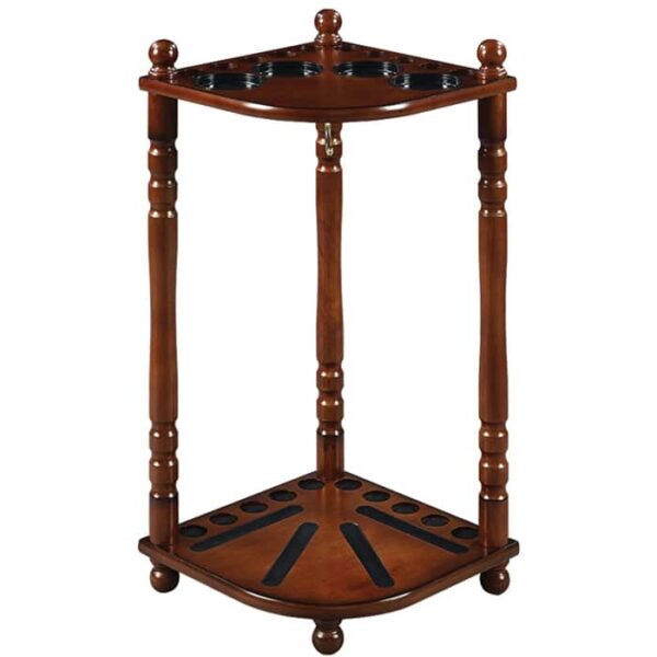 The R.A.M. Corner Cue Rack - Chestnut is a wooden, triangular stand with decorative legs and circular slots on top and bottom shelves, designed to hold multiple cue sticks neatly in the corner.