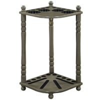 The R.A.M. Corner Cue Rack in slate grey is a wooden, triangular two-tier stand with round holes on top and slots below, designed to fit into a corner and features decorative turned legs.