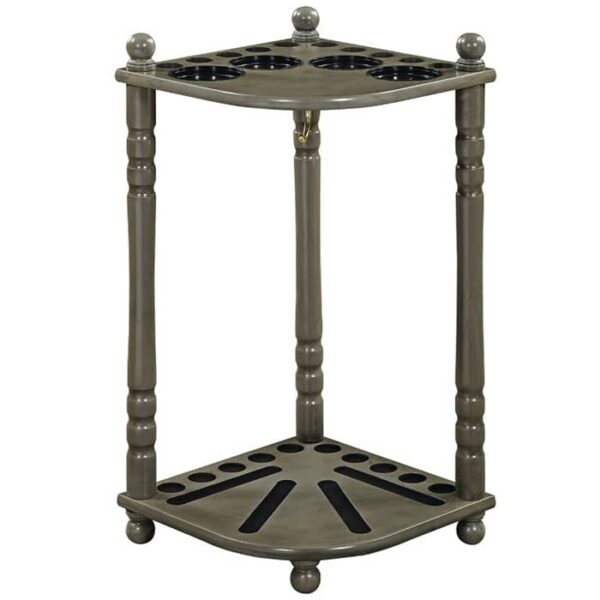 The R.A.M. Corner Cue Rack in slate grey is a wooden, triangular two-tier stand with round holes on top and slots below, designed to fit into a corner and features decorative turned legs.