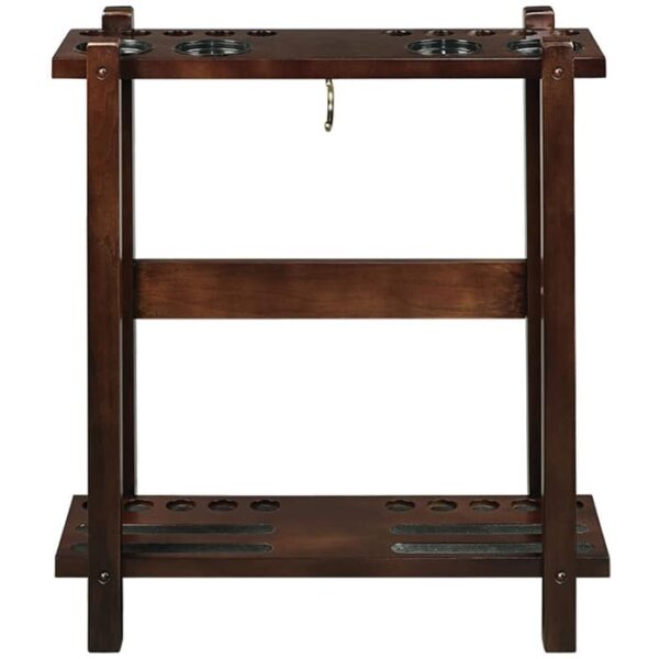 The R.A.M. Floor Cue Rack - Cappuccino features a rectangular wooden frame with circular slots on the top and bottom shelves for holding cues, plus a small central hook for hanging accessories.