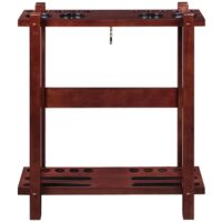 The R.A.M. Floor Cue Rack - English Tudor features multiple circular slots on top and bottom shelves for vertical cue storage, a dark brown finish, and a central hook for accessories.