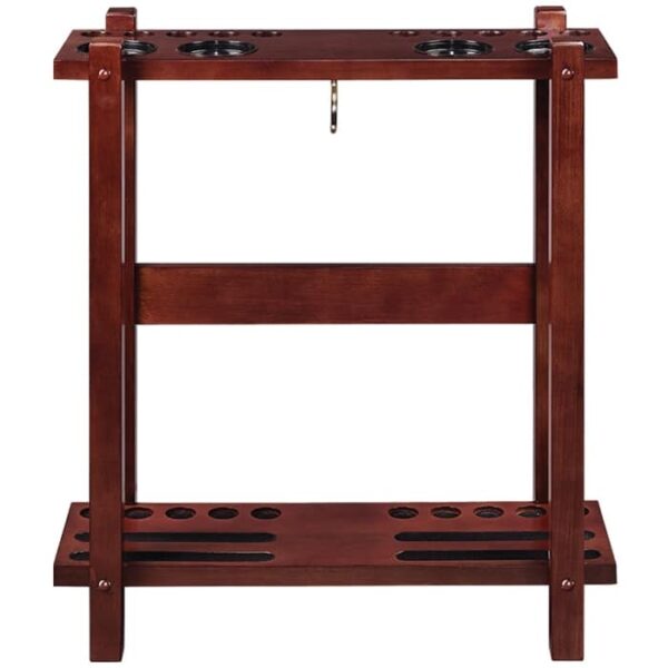 The R.A.M. Floor Cue Rack - English Tudor features multiple circular slots on top and bottom shelves for vertical cue storage, a dark brown finish, and a central hook for accessories.