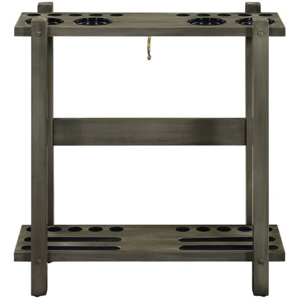 The R.A.M. Floor Cue Rack in Slate Grey features two shelves with circular cutouts to hold pool cues vertically and balls horizontally, combining a stylish finish with functional storage.