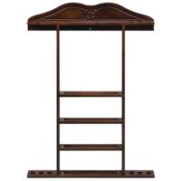 The RAM Wall Cue Rack CAP is a wooden, wall-mounted rack featuring a decorative top, four horizontal bars for holding cues, and a base with circular cutouts for storing cue sticks.