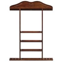 The RAM Wall Cue Rack CN features a decorative top, four horizontal bars for hanging cues or clothes, and a base with holes for organized storage.