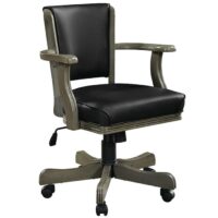 The R.A.M. Swivel Game Chair in Slate Grey features a cushioned seat, metal armrests and base, five caster wheels, and a height adjustment lever.