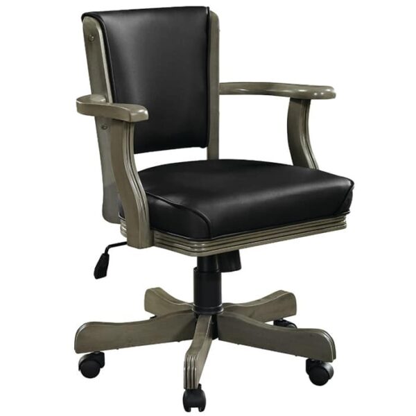 The R.A.M. Swivel Game Chair in Slate Grey features a cushioned seat, metal armrests and base, five caster wheels, and a height adjustment lever.