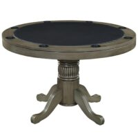 The R.A.M. 2-in-1 Game Table 48 in Slate Grey features a round design with a black felt surface, wooden frame, cup holders along the edge, and rests on a decorative pedestal base with four curved legs.