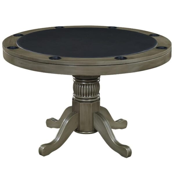 The R.A.M. 2-in-1 Game Table 48 in Slate Grey features a round design with a black felt surface, wooden frame, cup holders along the edge, and rests on a decorative pedestal base with four curved legs.