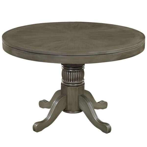 The R.A.M. 2-in-1 Game Table 48 in Slate Grey features a smooth, round wooden top and a single ornate pedestal base with four curved legs in a stylish gray finish.