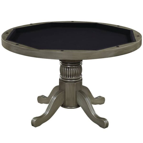 The R.A.M. 2-in-1 Game Table 48 in Slate Grey features a round pedestal base, a dark octagonal playing surface with cup holders, and is supported by a carved central column with four curved legs.