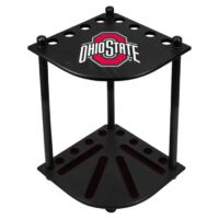 The Ohio State Corner Cue Rack is a black, two-tiered rack featuring the Ohio State logo on the top shelf, designed to hold pool cues upright in a corner.