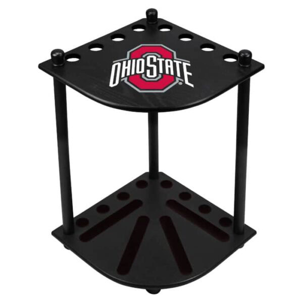 The Ohio State Corner Cue Rack is a black, two-tiered rack featuring the Ohio State logo on the top shelf, designed to hold pool cues upright in a corner.