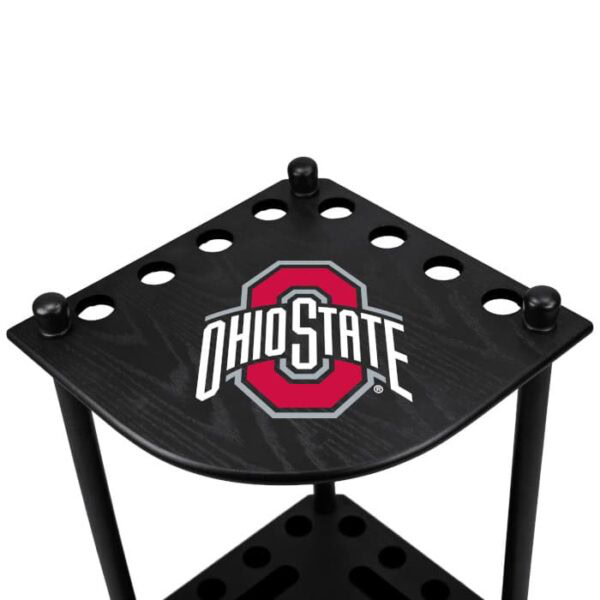 The Ohio State Corner Cue Rack is a black wooden rack with the Ohio State University logo and text on the top shelf, featuring multiple circular holes along its edges.