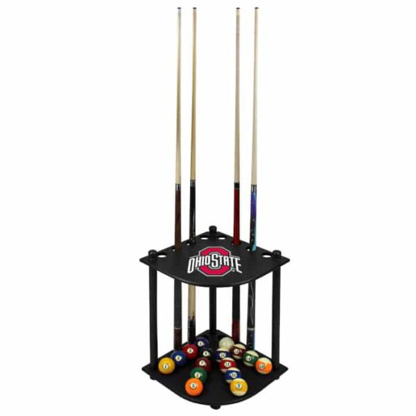 The Ohio State Corner Cue Rack is a black rack featuring the Ohio State logo, designed to hold four pool cues and a full set of billiard balls arranged in a triangle at the base.