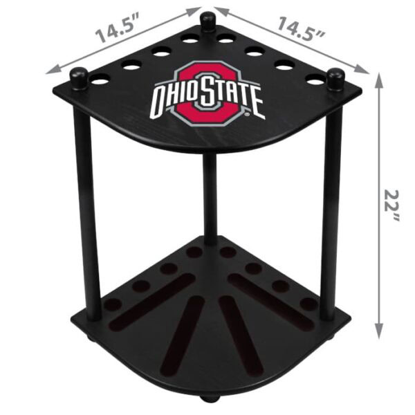 The Ohio State Corner Cue Rack is a black, two-tiered rack with the logo on the top shelf. Designed to hold pool cues, it measures 14.5 x 14.5 at the base and stands 22 tall.
