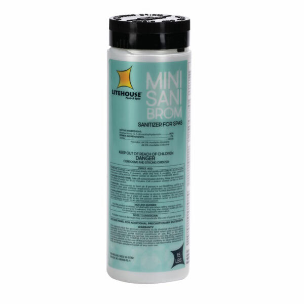 A white plastic 1.5 lb container of Litehouse Spa Mini Bromine features a black lid and teal label showing product information and safety warnings.