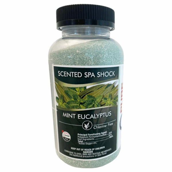 A clear plastic bottle labeled PURE & SIMPLE SHOCK MINT EUCALYPTUS, with a green leafy design and black cap. The chlorine-free label warns to keep out of reach of children.