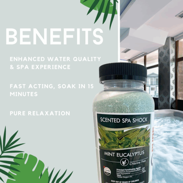 PURE & SIMPLE SHOCK MINT EUCALYPTUS sits before a bubbling indoor hot tub with tropical leaves. Benefits shown: enhanced water quality, fast-acting (soak in 15 minutes), and pure relaxation.