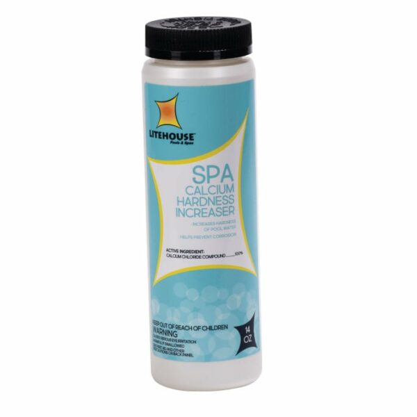 A 14oz. bottle of Litehouse Calcium Increaser with a blue label and black cap, designed to raise calcium hardness in pools and spas.