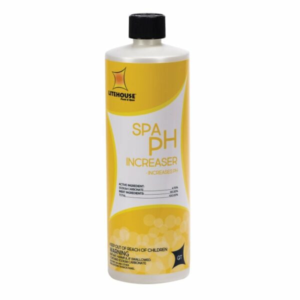 A quart-sized white bottle with a yellow label, Litehouse Liquid pH Increaser.
