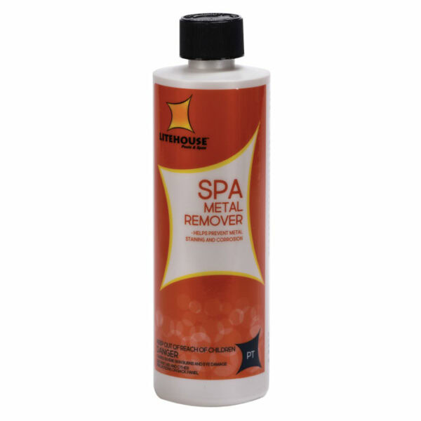A pint bottle of Litehouse Spa Metal Remover features an orange and white label, black cap, and claims to help prevent metal staining and corrosion.