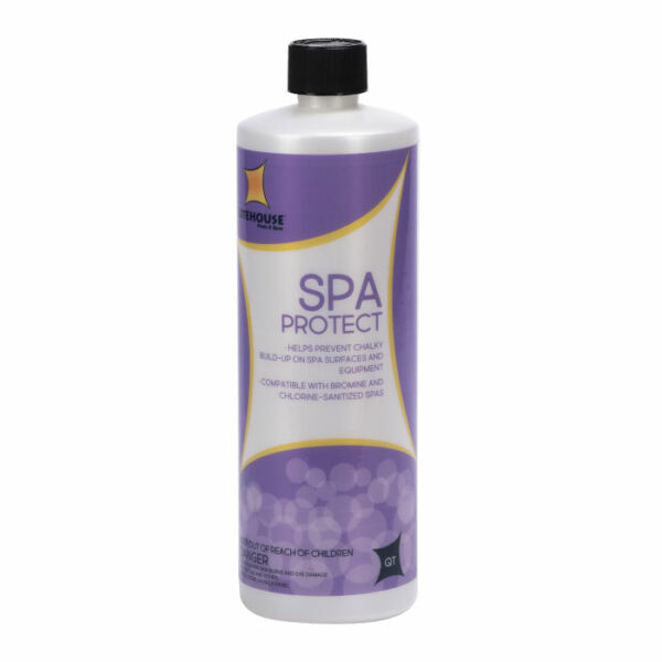 A quart bottle of Litehouse Spa Protect with a purple label and black cap; helps prevent chalky build-up and is compatible with bromine and chlorine-sanitized spas.