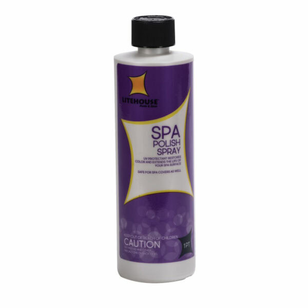 A white bottle of Litehouse Spa Polish-Pint with a purple label, yellow and white accents, black cap, and a caution at the bottom. The label states it protects and restores spa covers.