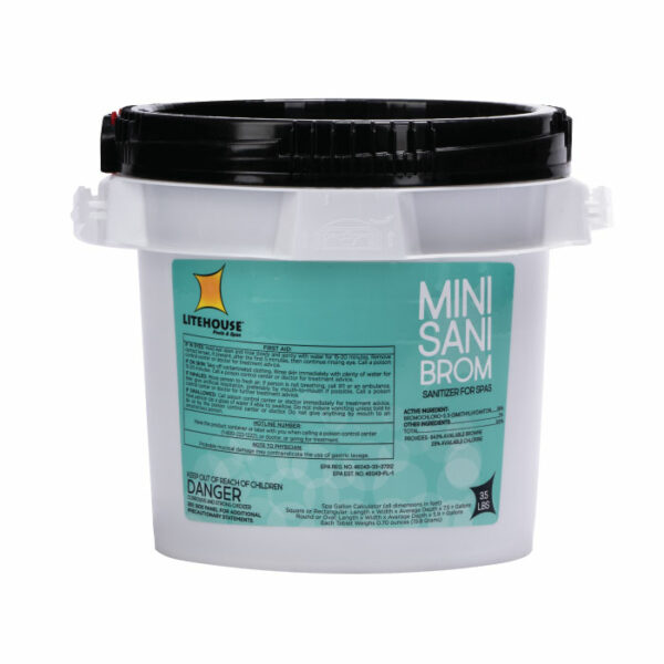 A white plastic container of Litehouse Spa Mini Bromine sanitizer for spas, featuring a teal and white label, black lid, and safety warnings. The container holds 3.5 lbs of product.