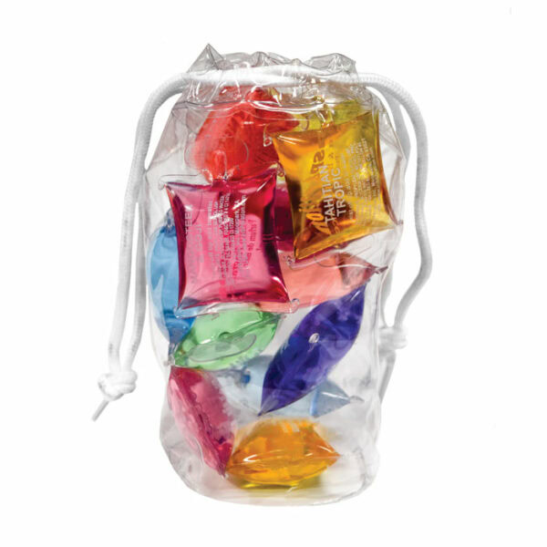 The Fragrance 12x1/2oz Gift Pack 6 features a clear drawstring bag filled with colorful, square and oval-shaped gel capsules in red, orange, yellow, green, blue, and purple.