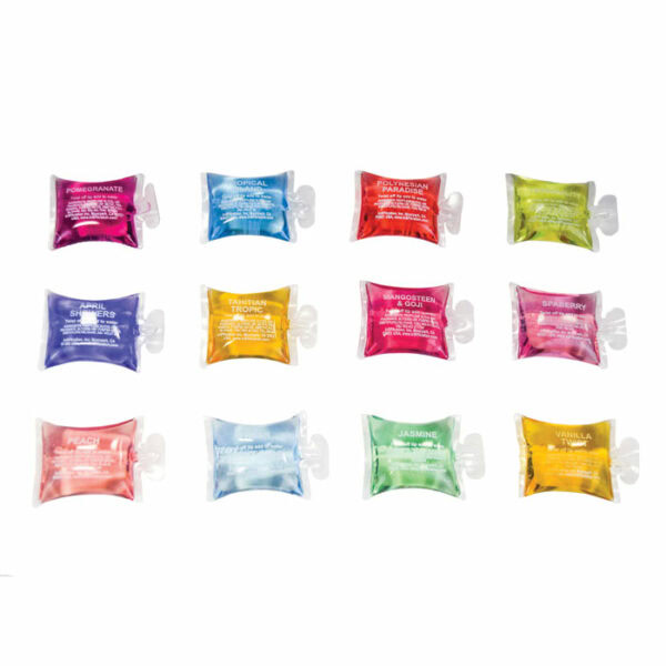 The Fragrance 12x1/2oz Gift Pack 6 includes twelve individually packaged gel pods in assorted colors, each labeled with a unique scent like pomegranate, ocean, green tea, peach, jasmine, and more.