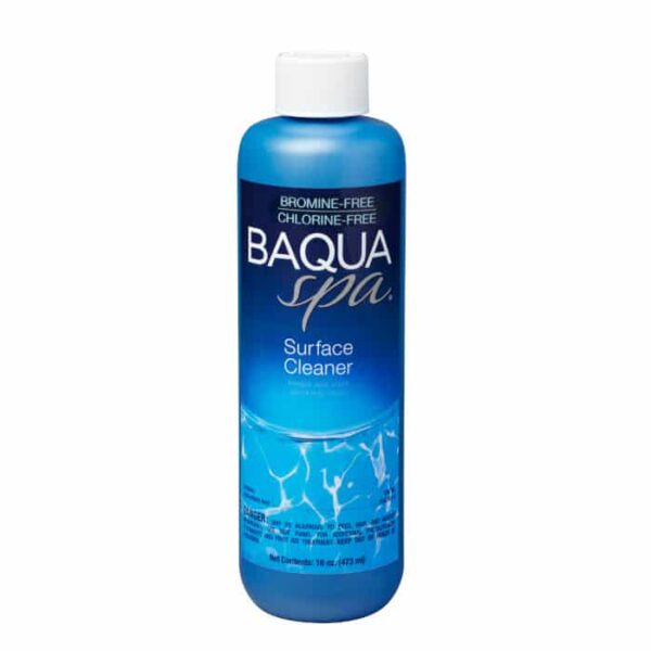 A 16 fl oz (473 mL) blue bottle of BAQUA Spa Surface Cleaner - Pint, featuring a white cap and labeled as bromine-free and chlorine-free.