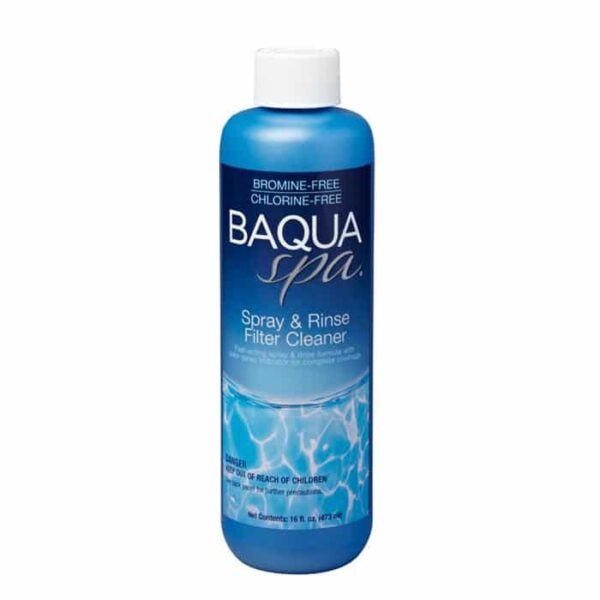 A blue bottle of BAQUA Spa Filter Cleaner - Pint, labeled bromine-free and chlorine-free, with a water image at the bottom and a white cap.