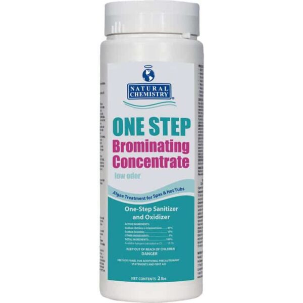 A white bottle of One-Step Brominating Concentrate 2.05 LBS, a low-odor sanitizer and oxidizer for spas and hot tubs, with safety and usage details printed on the front label.