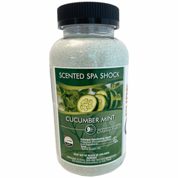 A clear plastic bottle with a black cap labeled PURE & SIMPLE SHOCK CUCUMBER MINT. The label shows cucumber slices, mint leaves, states Chlorine Free, and includes usage and safety information.