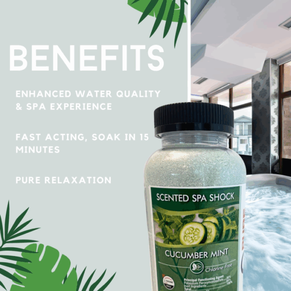 A container of PURE & SIMPLE SHOCK CUCUMBER MINT is placed before a bubbling indoor hot tub. Text highlights its benefits: fast-acting in 15 minutes, enhanced water quality, and pure relaxation. Green tropical leaves accent the scene.