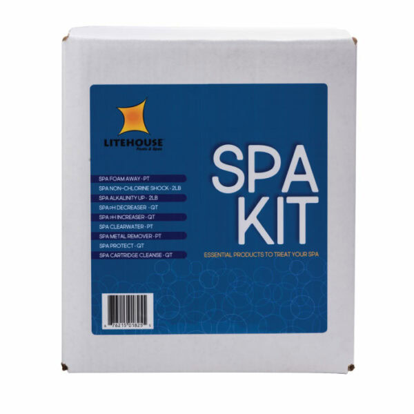 A white Litehouse box labeled SPA START UP KIT NO SANITIZER features a blue panel listing products like spa foam away, non-chlorine shock, and cartridge cleanse. The sealed box stands upright against a white background.