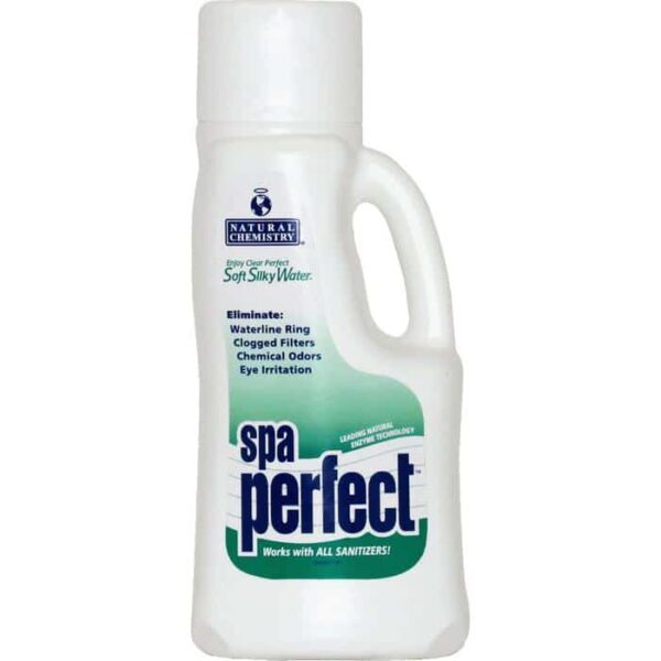 A white liter bottle of Spa Perfect with a blue and green label and handle claims to eliminate waterline rings, clogged filters, chemical odors, and eye irritation.