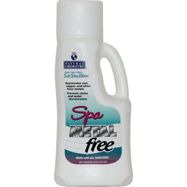 A white bottle of Spa METALfree - Liter with a teal and pink label, formulated to deactivate iron, copper, and other metals, helping prevent stains and discoloration in spa water.